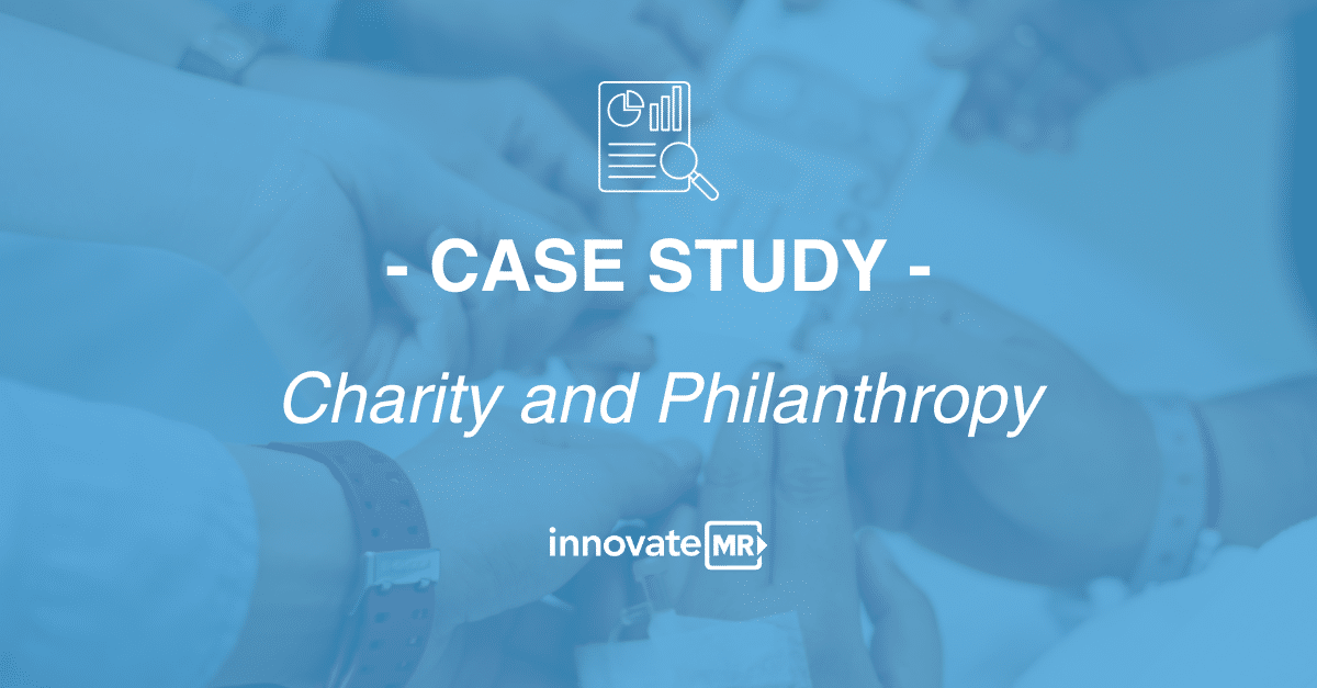 Blue-toned image of hands exchanging papers with text "Case Study - Charity and Philanthropy" and "innovateMR" logo, highlighting the crucial role of survey programmers in market research and data collection.