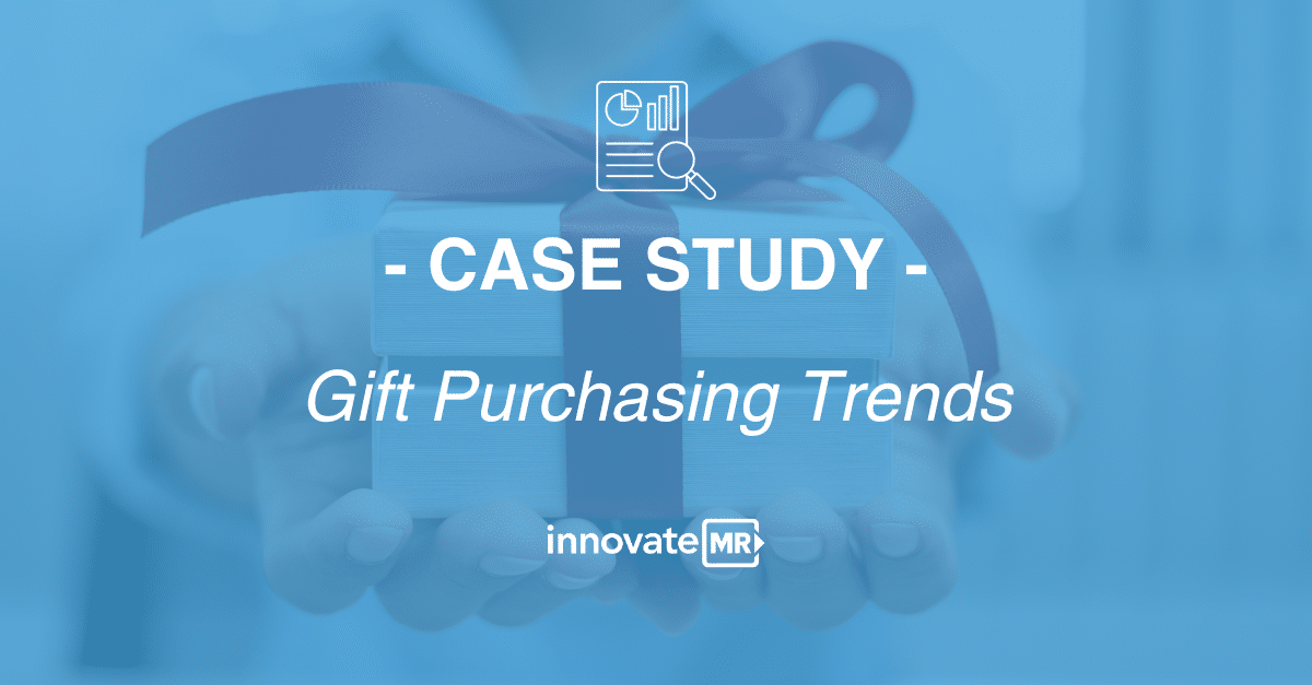 A person is holding a gift with a ribbon. Text overlay reads "Case Study: Gift Purchasing Trends" with the InnovateMR logo at the bottom. This market research delves into consumer behavior.