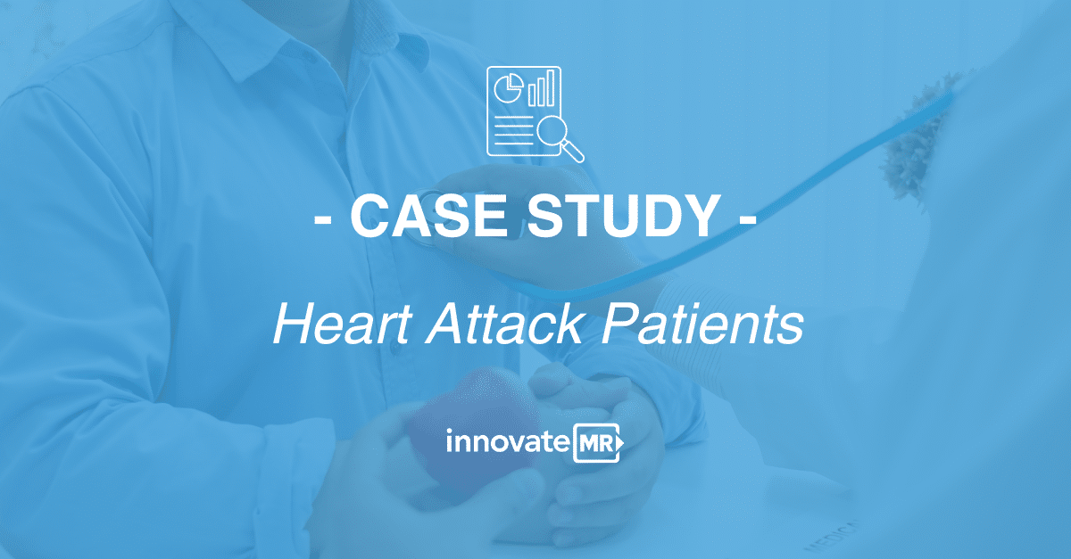 A medical professional checks a patient's heartbeat with a stethoscope. Text reads "CASE STUDY - Heart Attack Patients" with the InnovateMR logo below, highlighting their commitment to advanced data collection in medical research.