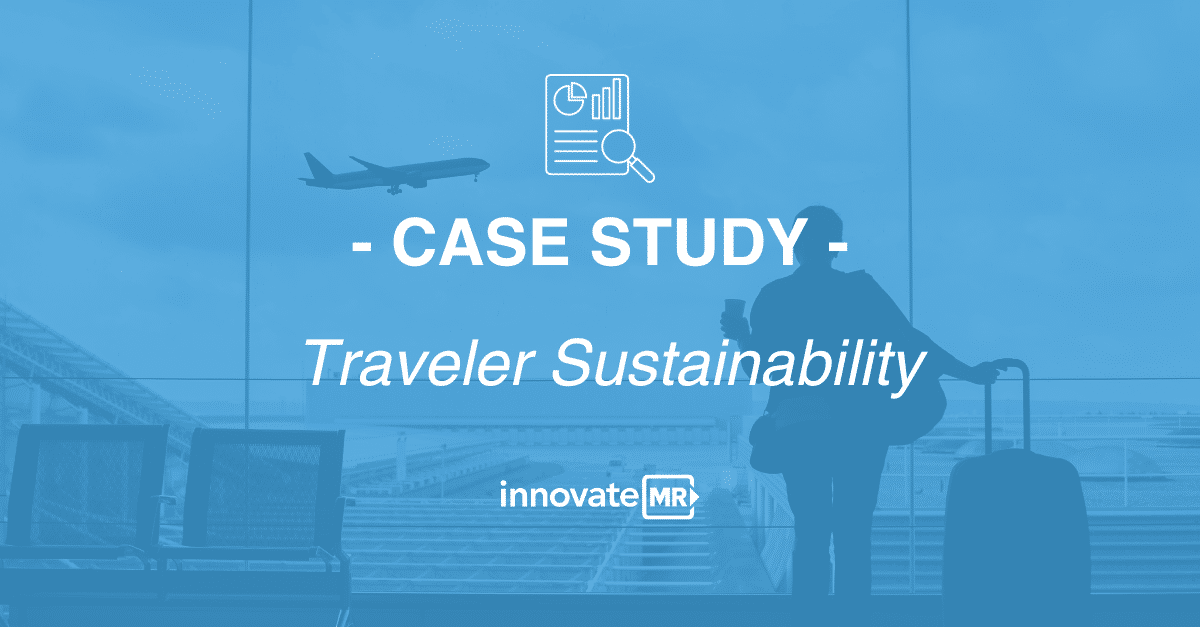 A person with a suitcase looks out a large airport window as an airplane flies. Text reads: "Case Study - Traveler Sustainability" with the InnovateMR logo at the bottom, highlighting the importance of data collection in advancing sustainable travel solutions.