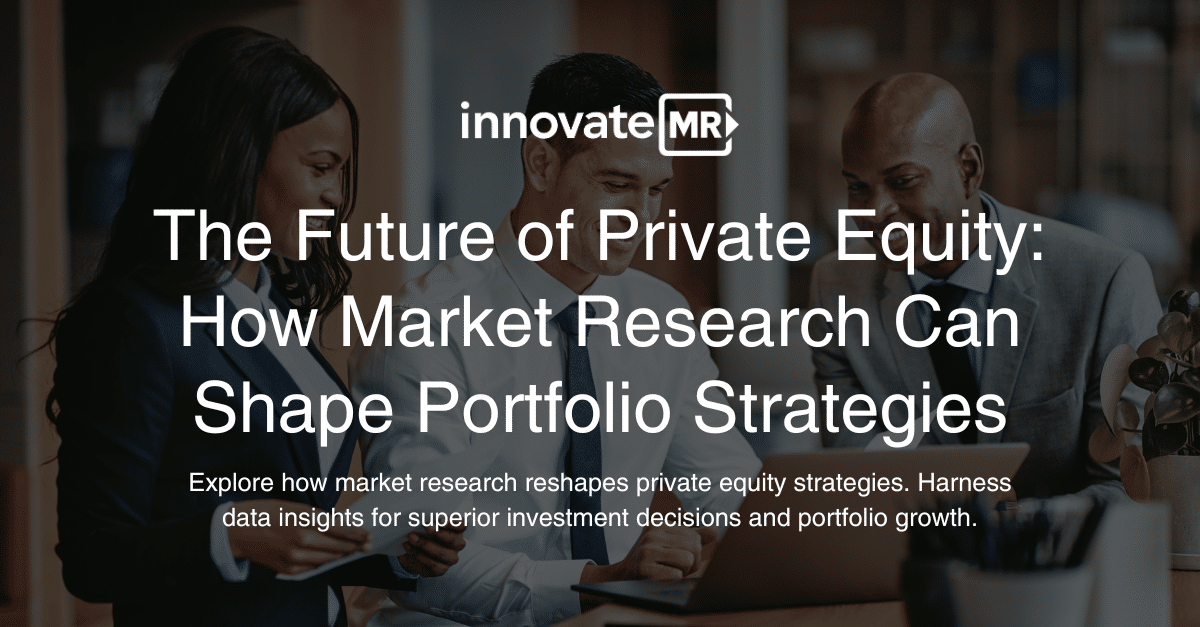 Three professionals in business attire are engaged in a discussion around a laptop with the text: "The Future of Private Equity: How Market Research and Data Collection Can Shape Portfolio Strategies" visible on top.