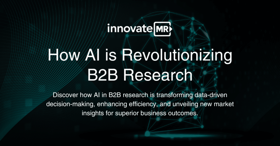 A digital poster for InnovateMR titled "How AI is Revolutionizing B2B Research," highlighting the transformative impact of AI on market research, decision-making, and efficiency. Discover how data collection and insights are enhanced for superior business outcomes.