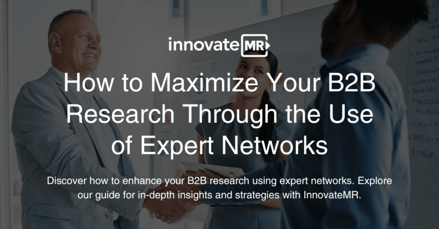 A business professional shakes hands with another in front of a presentation screen displaying the text "How to Maximize Your B2B Research Through the Use of Expert Networks" by InnovateMR, emphasizing advanced market research techniques.