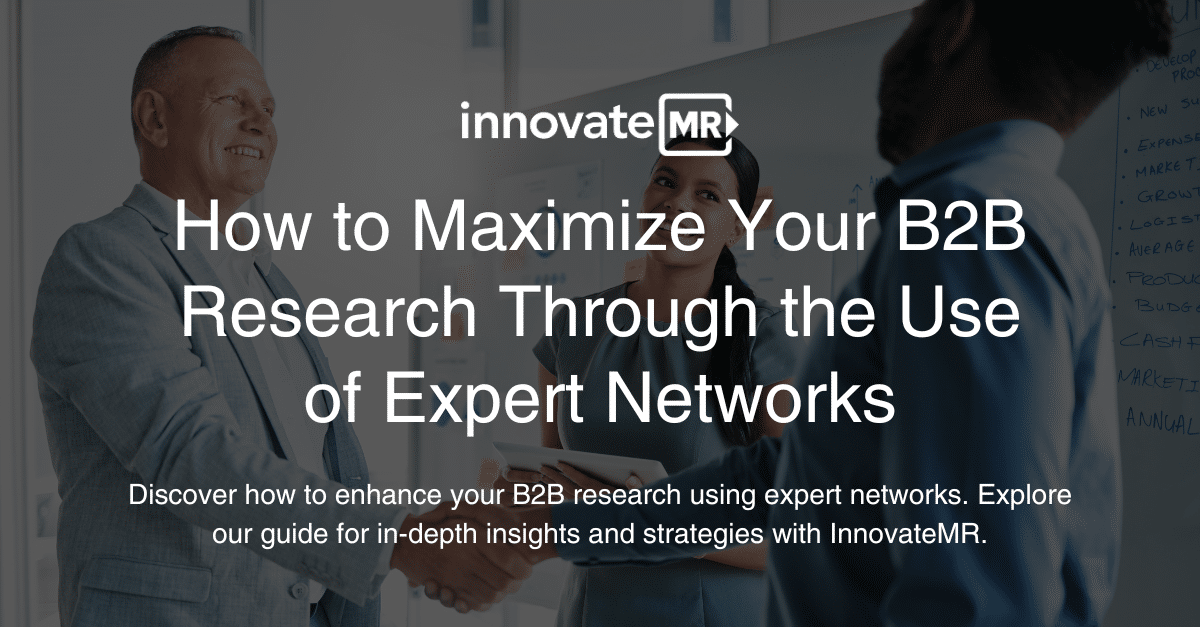 A business professional shakes hands with another in front of a presentation screen displaying the text "How to Maximize Your B2B Research Through the Use of Expert Networks" by InnovateMR, emphasizing advanced market research techniques.