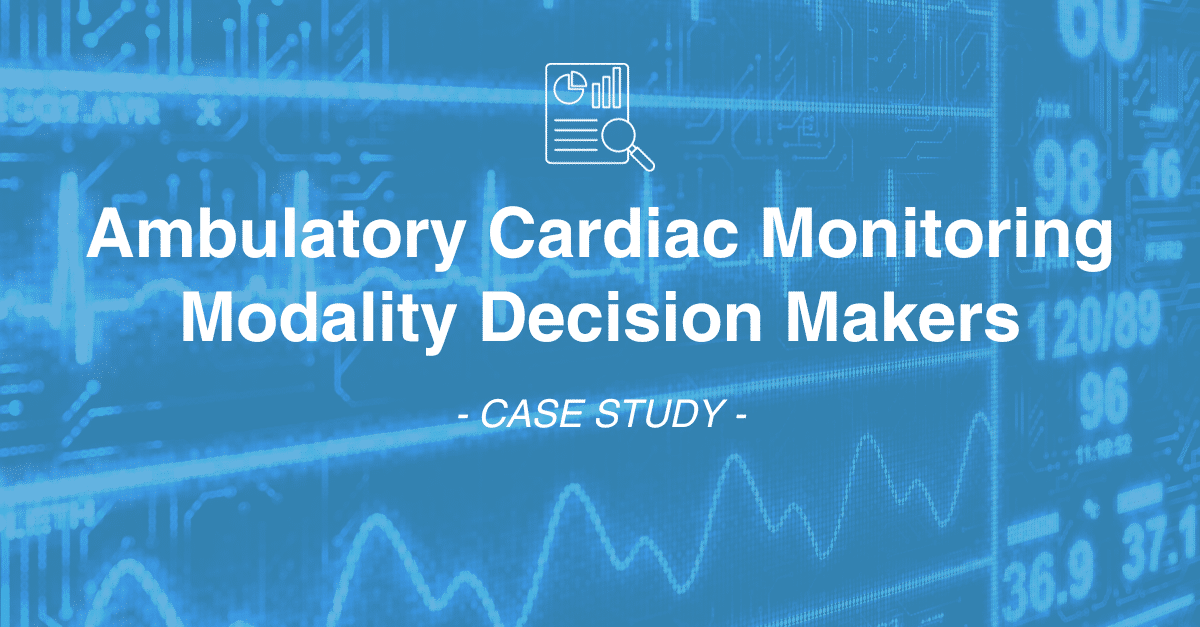 Title: "Ambulatory Cardiac Monitoring Modality Decision Makers - Case Study" on a backdrop of ECG waveforms, highlighting the integral roles of survey programmers and data collection in comprehensive market research.