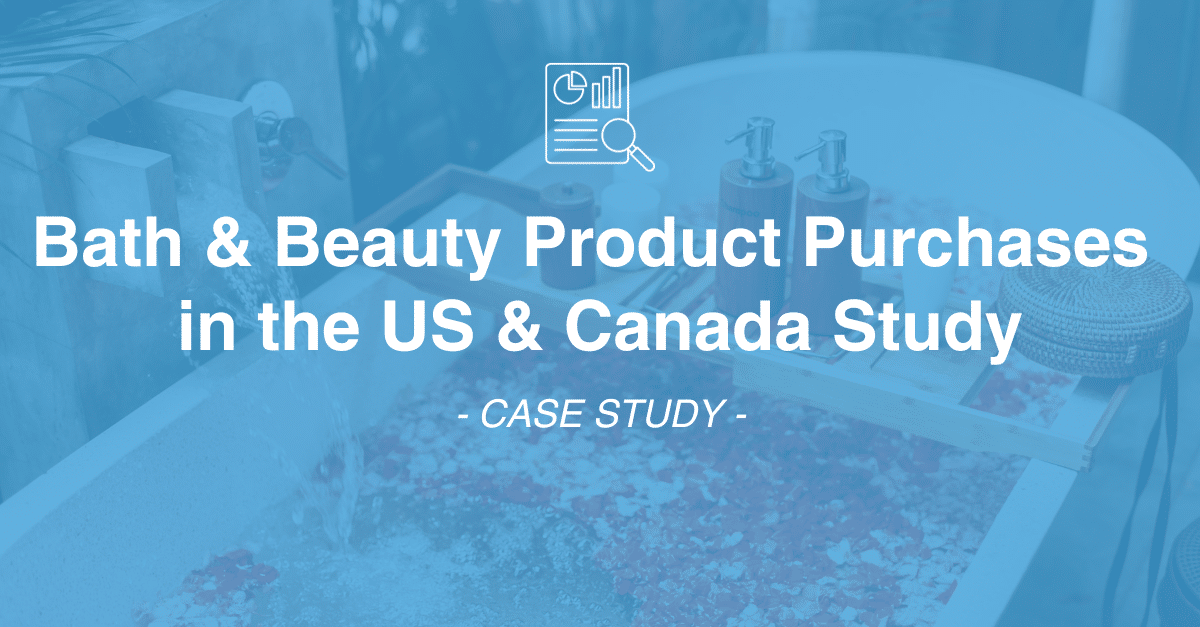 Title slide for a case study on bath and beauty product purchases in the US and Canada, featuring a visual of a spa-like setting with a bathtub, with insights gathered through meticulous data collection and market research.