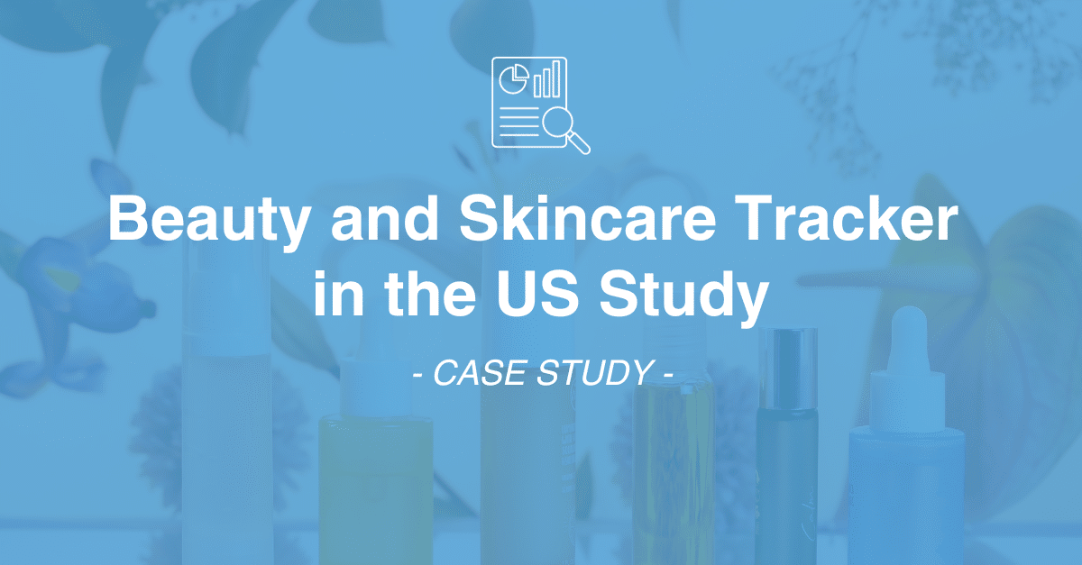 Image showing a blue background with bottles of cosmetics. The text reads: 'Beauty and Skincare Tracker in the US Study - CASE STUDY' with an icon of a document and magnifying glass above, highlighting the comprehensive market research efforts involved.