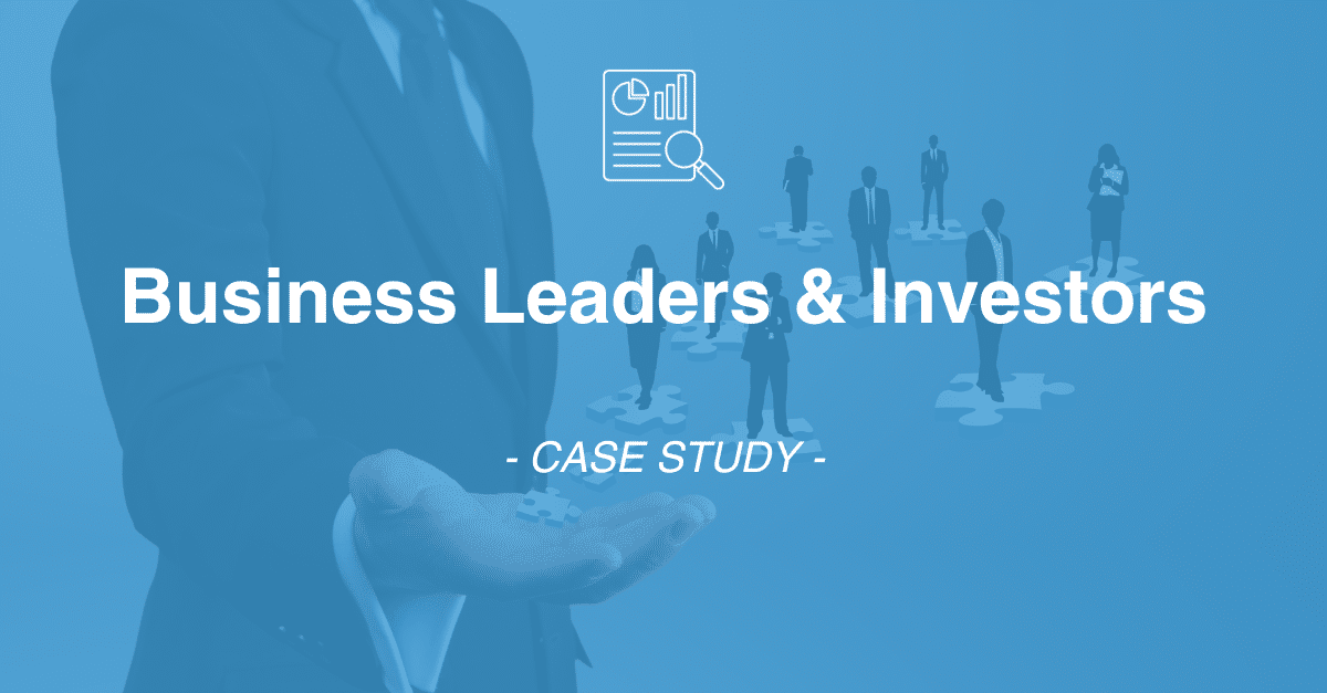 A person in a business suit is holding a puzzle piece, with small figures of business people in the background. Text reads: "Business Leaders & Investors - CASE STUDY on Data Collection.