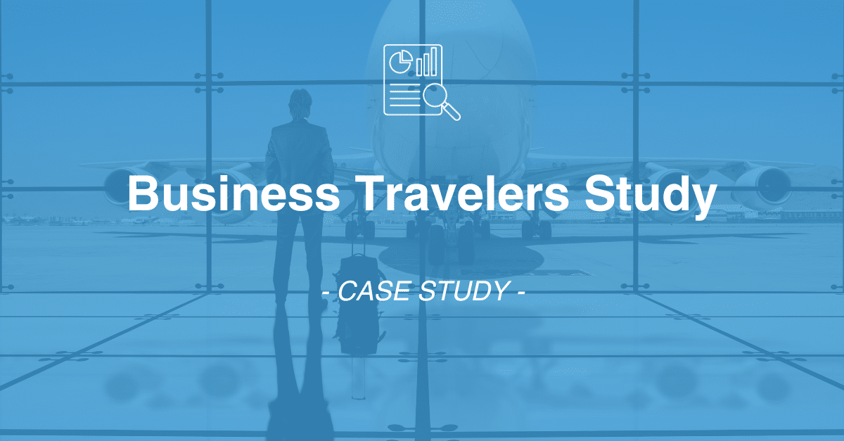 A person with a suitcase stands in an airport terminal with a large airplane visible outside. Text reads: "Market Research Insights - Case Study.