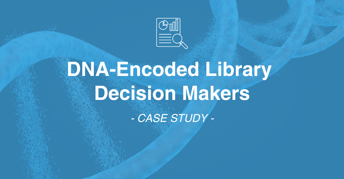 Blue background with faint DNA strand images. Text reads, "DNA-Encoded Library Decision Makers - CASE STUDY -," with an icon of a document and magnifying glass above the text, emphasizing the importance of market research in data collection.