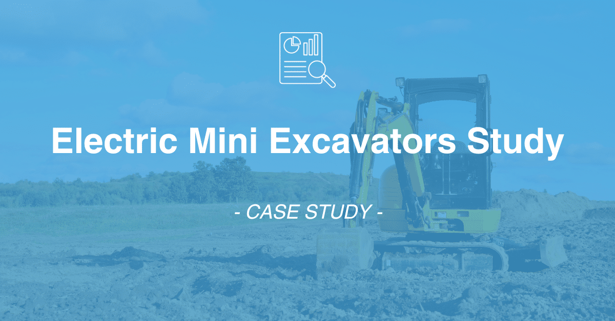 Yellow electric mini excavator working on a dirt site. Text overlay reads "Electric Mini Excavators Study - CASE STUDY" against a blue-tinted background, highlighting key insights from market research and data collection.