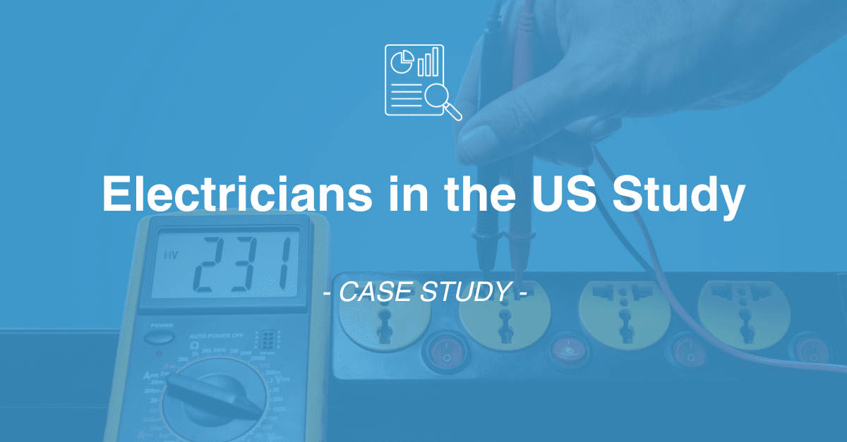 A person's hand operating an electrical testing device beside an outlet strip. Text: "Electricians in the US Study - CASE STUDY: Market Research.