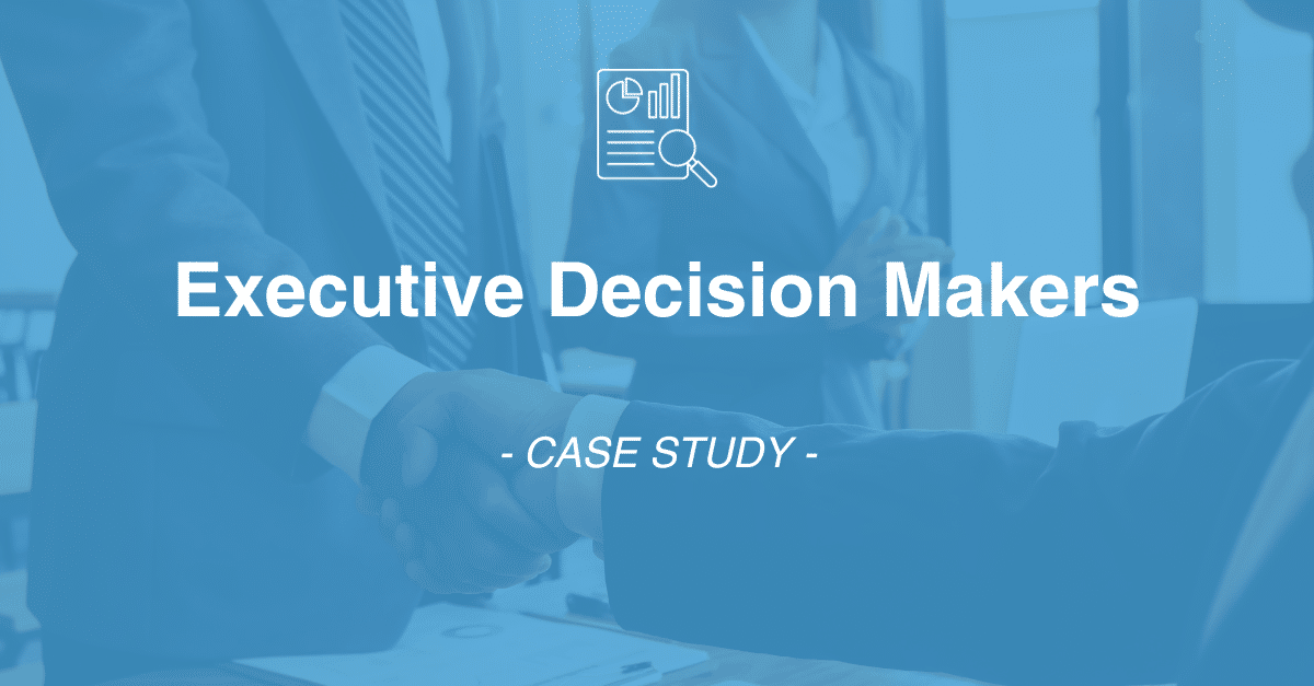 Business professionals shaking hands with the text "Executive Decision Makers - Case Study" overlaid on the image, illustrating the collaboration between survey programmers and data collection experts in market research.
