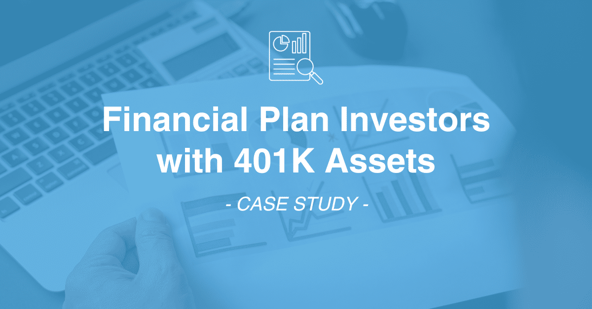 A person holds a financial document with bar charts. The text reads "Financial Plan Investors with 401K Assets - CASE STUDY -". A magnifying glass and document icon is above the text, highlighting the importance of thorough market research.