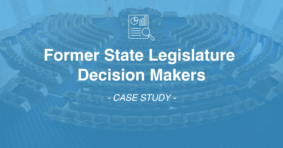 A large legislative chamber filled with empty seats. Text overlay reads: "Former State Legislature Decision Makers - Case Study." This case study includes extensive data collection to provide deep insights into the legislative process.