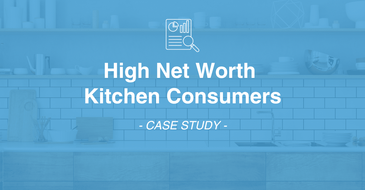 A case study on high net worth kitchen consumers with a kitchen background and a magnifying glass over a document icon, emphasizing the crucial role of data collection in market research.