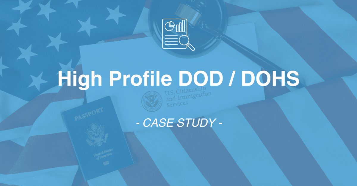 An image with an American flag backdrop, showing a U.S. passport, an envelope from U.S. Citizenship and Immigration Services, and the title "High Profile DOD / DOHS - CASE STUDY," highlights the intricacies of market research in data collection processes for national security sectors.