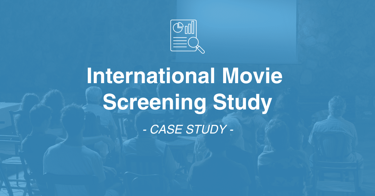 Audience watching a presentation titled "International Movie Screening Study - Case Study," featuring a chart and magnifying glass graphic, as part of comprehensive market research data collection.