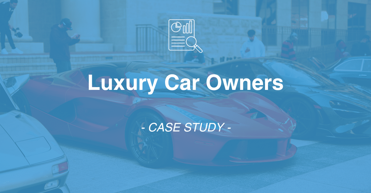 Image showing a title "Luxury Car Owners - Case Study" overlaid on a background of luxury cars and several people, highlighting insights gathered by expert survey programmers for market research.