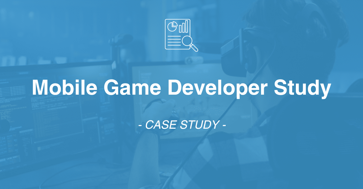 A person wearing a headset sits in front of computer screens with lines of code. Text overlay reads, "Mobile Game Developer Study - Market Research Case Study.