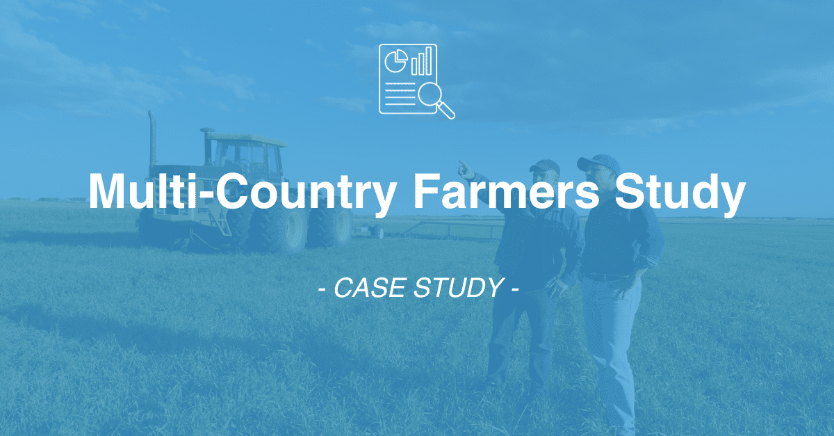 Two people standing in a field with a tractor in the background under the title "Multi-Country Farmers Study" and subtitle "- CASE STUDY -" illustrate the intricate process of data collection.