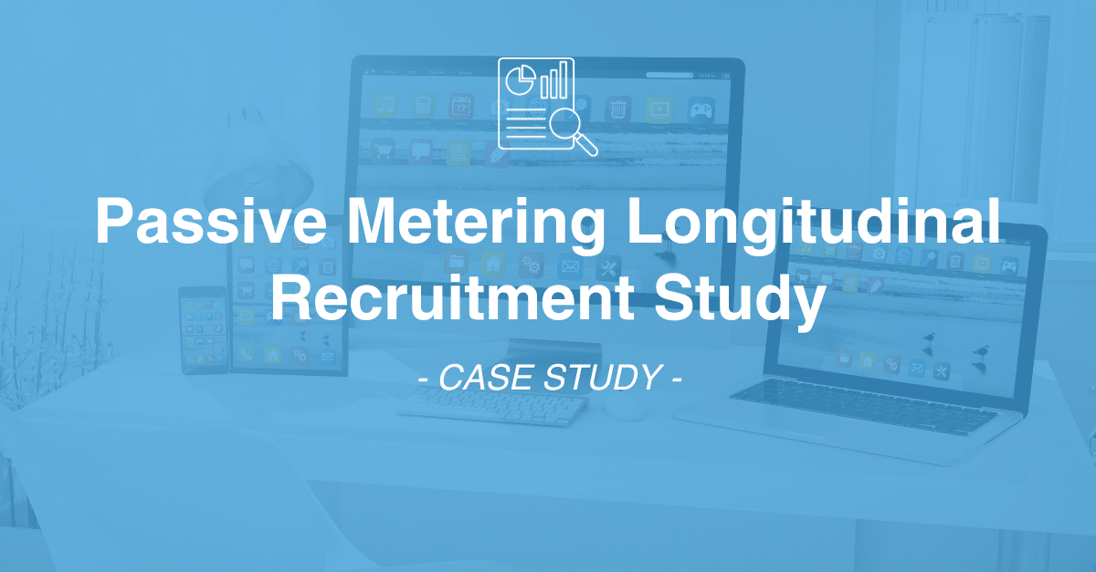 A desk with multiple screens and devices displaying various applications, overlaid with text "Passive Metering Longitudinal Recruitment Study - Case Study" and an icon of a magnifying glass over a document, illustrating advanced data collection methods used by survey programmers in market research.