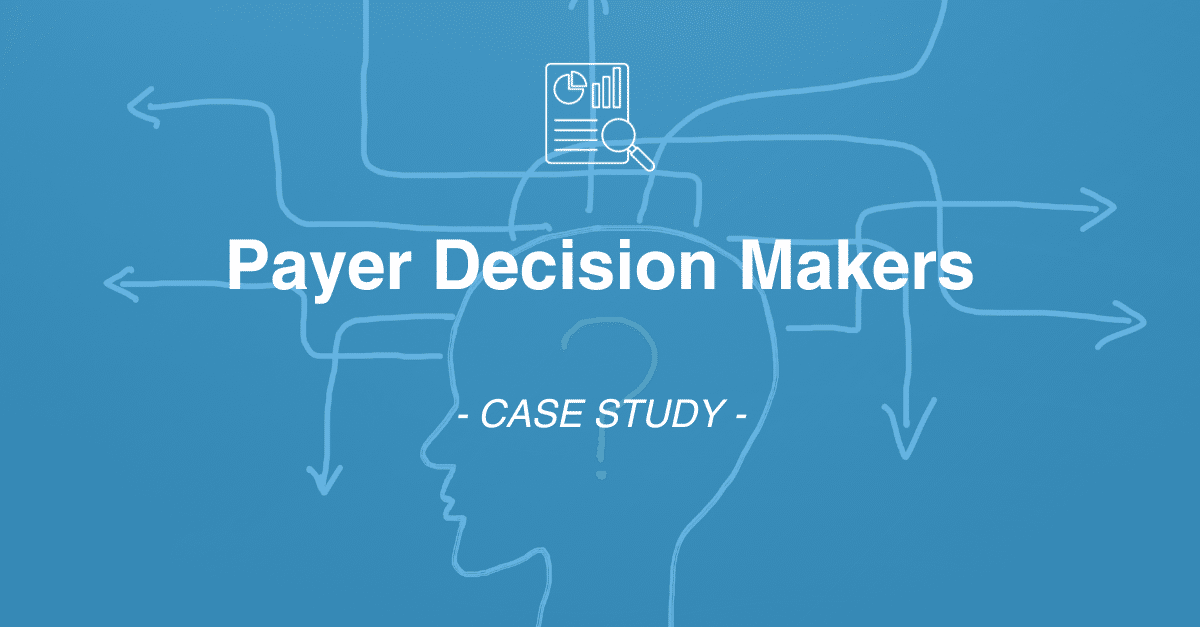 Silhouette of a head with question mark filled with arrows pointing left, right, up, and down. Text overlay reads "Payer Decision Makers - CASE STUDY" with icon of a document and magnifying glass, emphasizing the role of market research in guiding decisions.