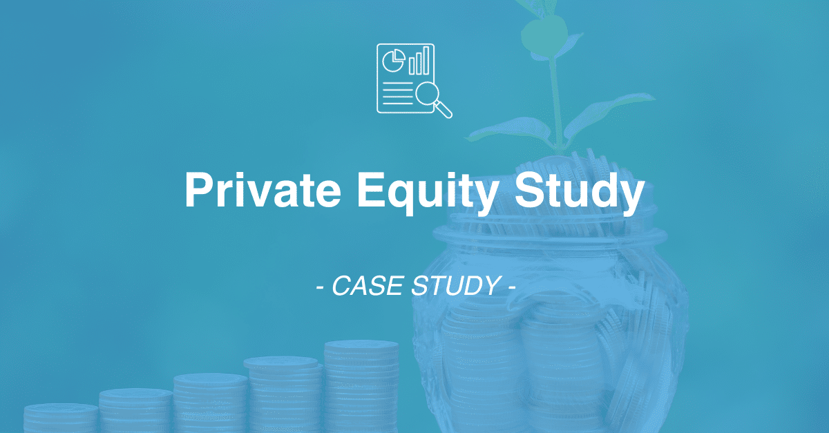 Image showing the text "Private Equity Study - CASE STUDY -" with an icon of a document and magnifying glass above. The background features a blurred image of stacked coins and a plant growing in a jar of coins, highlighting the importance of data collection in market research.