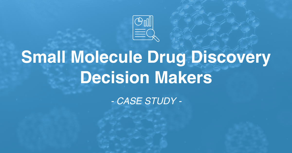 Blue background image with text overlay: "Small Molecule Drug Discovery Decision Makers - Case Study" along with icons of molecular structures and a document with a magnifying glass, highlighting our comprehensive market research.