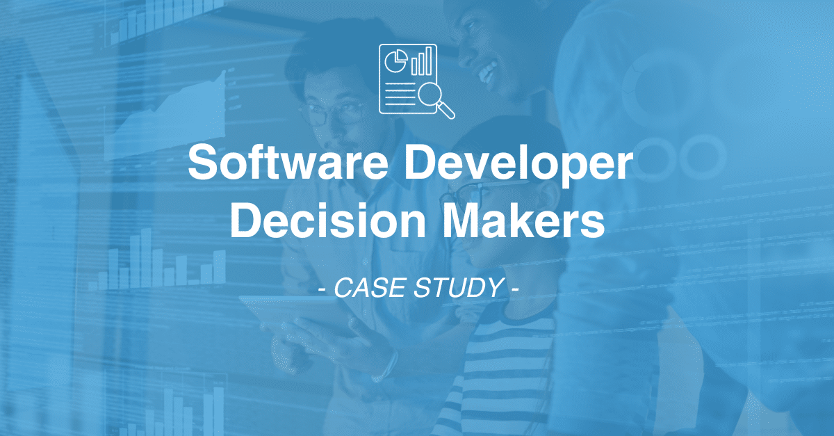 Three individuals discussing around a tablet with graphs and charts in the background, overlaid text reads "Software Developer Decision Makers - Case Study". This highlights their role in data collection for effective market research.