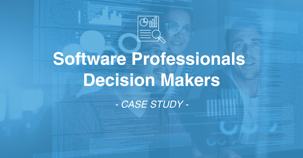 A blue-themed case study cover page titled "Software Professionals Decision Makers," featuring a background with people, software-related graphics, and elements of data collection.