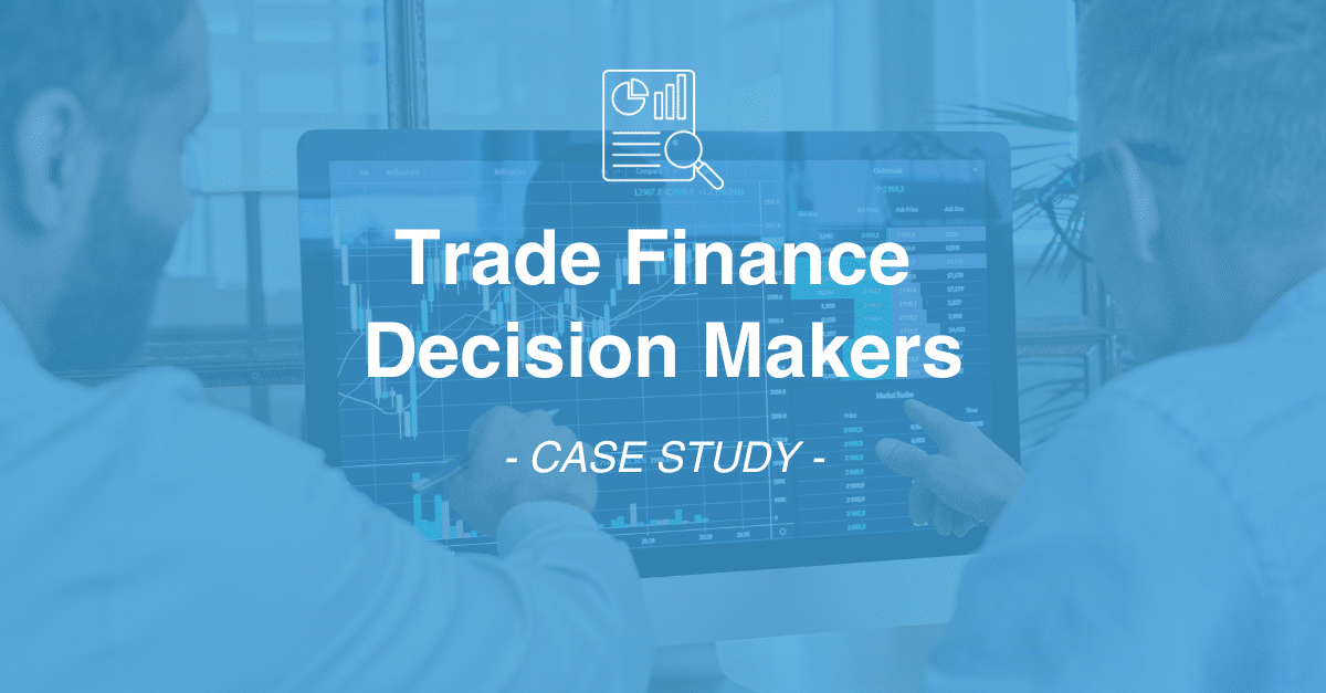 Two individuals are viewing a computer screen displaying data graphs. The screen's text reads, "Trade Finance Decision Makers - Case Study." This sophisticated analysis underscores the importance of market research in driving strategic decisions.