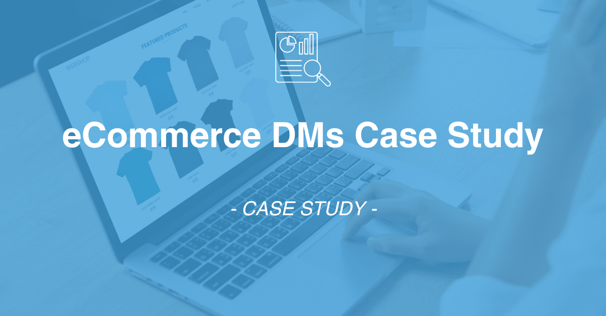 Close-up of a person browsing clothing options on an eCommerce website on a laptop, highlighting "eCommerce DMs Case Study - CASE STUDY" overlay. This scenario underscores the essential role of market research in understanding consumer preferences and behaviors.