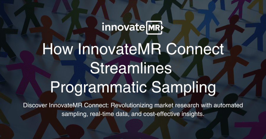 Image with the text "How InnovateMR Connect Streamlines Programmatic Sampling" and a subtitle about revolutionizing market research with automated sampling and real-time data collection. Colorful figures are in the background.