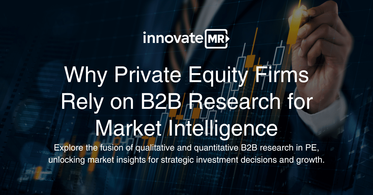 A close-up of a hand pointing to a bar graph on a touchscreen with the text: "Why Private Equity Firms Rely on B2B Research for Market Intelligence." InnovateMR logo is displayed at the top, highlighting how market research and data collection are crucial for informed decision-making.