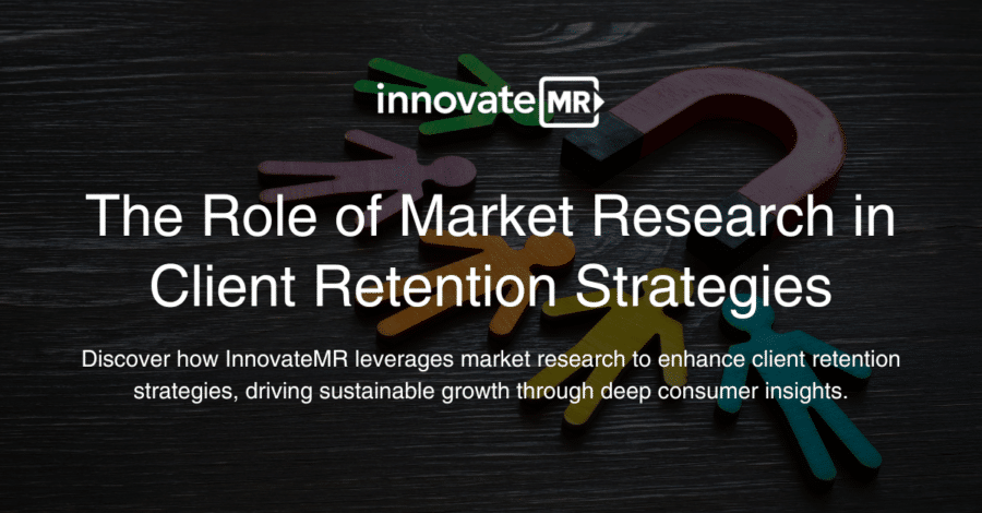 Text reads "The Role of Market Research in Client Retention Strategies" on a background with a keyhole and small colorful people figures, emphasizing the importance of data collection. InnovateMR logo is featured at the top.