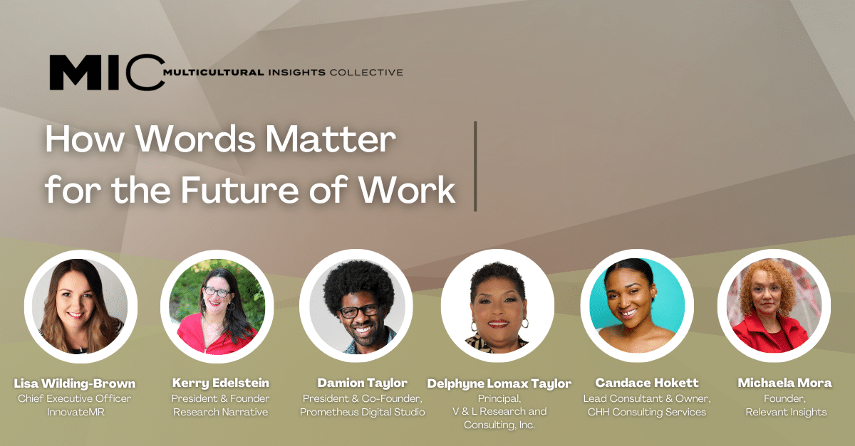 Promotional image for an event titled "How Words Matter for the Future of Work" featuring six speaker headshots and their names and titles under the MIC Multicultural Insights Collective banner, highlighting insights on data collection and market research.