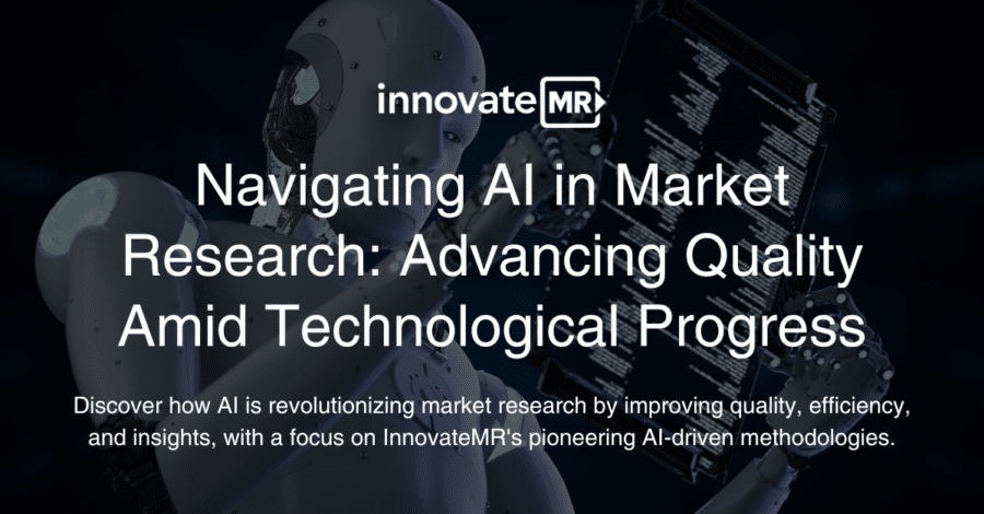 A humanoid robot holding a tablet with the InnovateMR logo and text: "Navigating AI in Market Research: Advancing Quality Amid Technological Progress" overlaid. The text emphasizes improving market research and data collection with AI advancements.