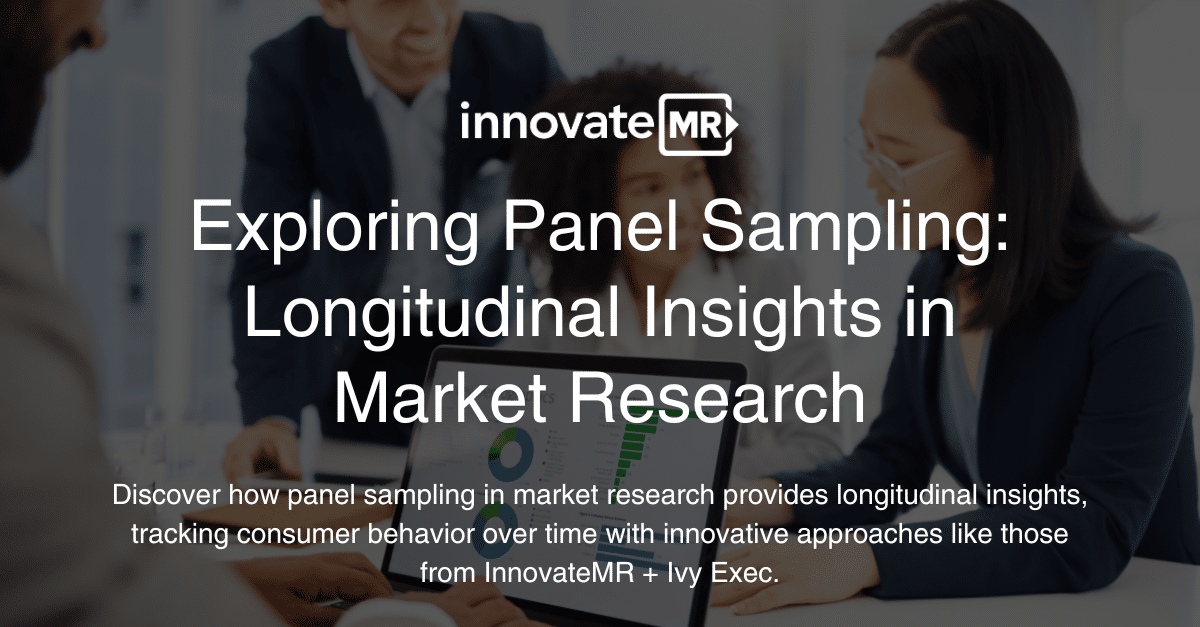 Image of a presentation slide with InnovateMR branding, titled "Exploring Panel Sampling: Longitudinal Insights in Market Research". Text highlights benefits of panel sampling, data collection efficiencies, and innovative methods.