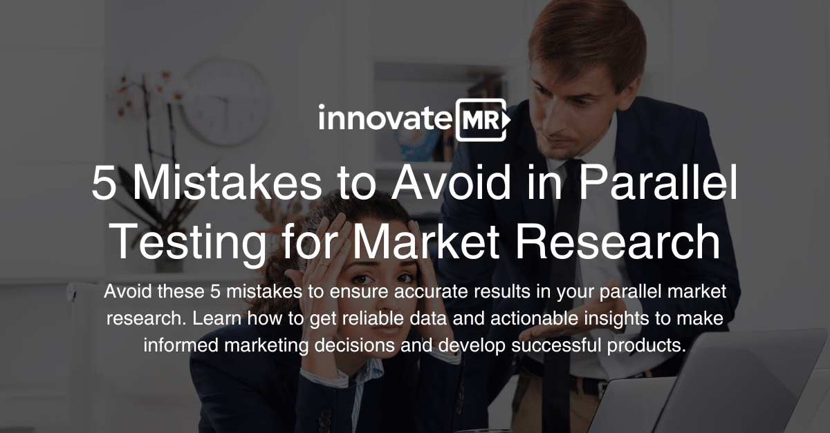 Slide with text "5 Mistakes to Avoid in Parallel Testing for Market Research" by Innovate MR. Two people, possibly a survey programmer and a colleague, are looking at documents on a table, emphasizing the importance of meticulous data collection.