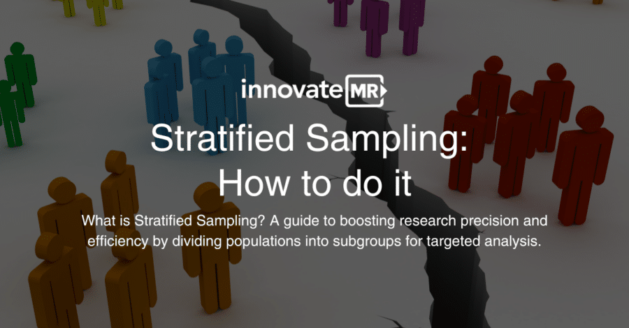 An image featuring the text "Stratified Sampling: How to do it," explaining the method of boosting research precision by dividing populations into subgroups for targeted analysis in market research. Multicolored figures illustrate the concept, essential for data collection by a skilled survey programmer.