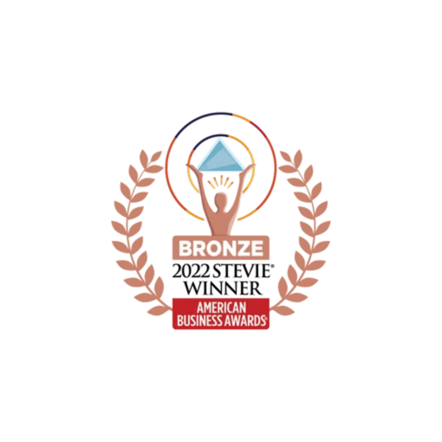 The American Business Awards Bronze Stevie Winner emblem features two laurel branches encircling a figure holding a pyramid, symbolizing excellence in market research and data collection.