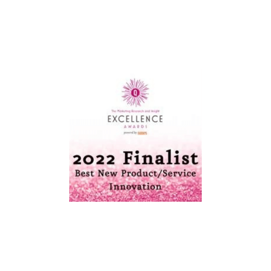 A square graphic shows "2022 Finalist" for the "Best New Product/Service Innovation" award from the Market Research and Insight Excellence Awards, powered by Quirk's. The background has a pink glitter effect, highlighting the achievement in data collection and market research.