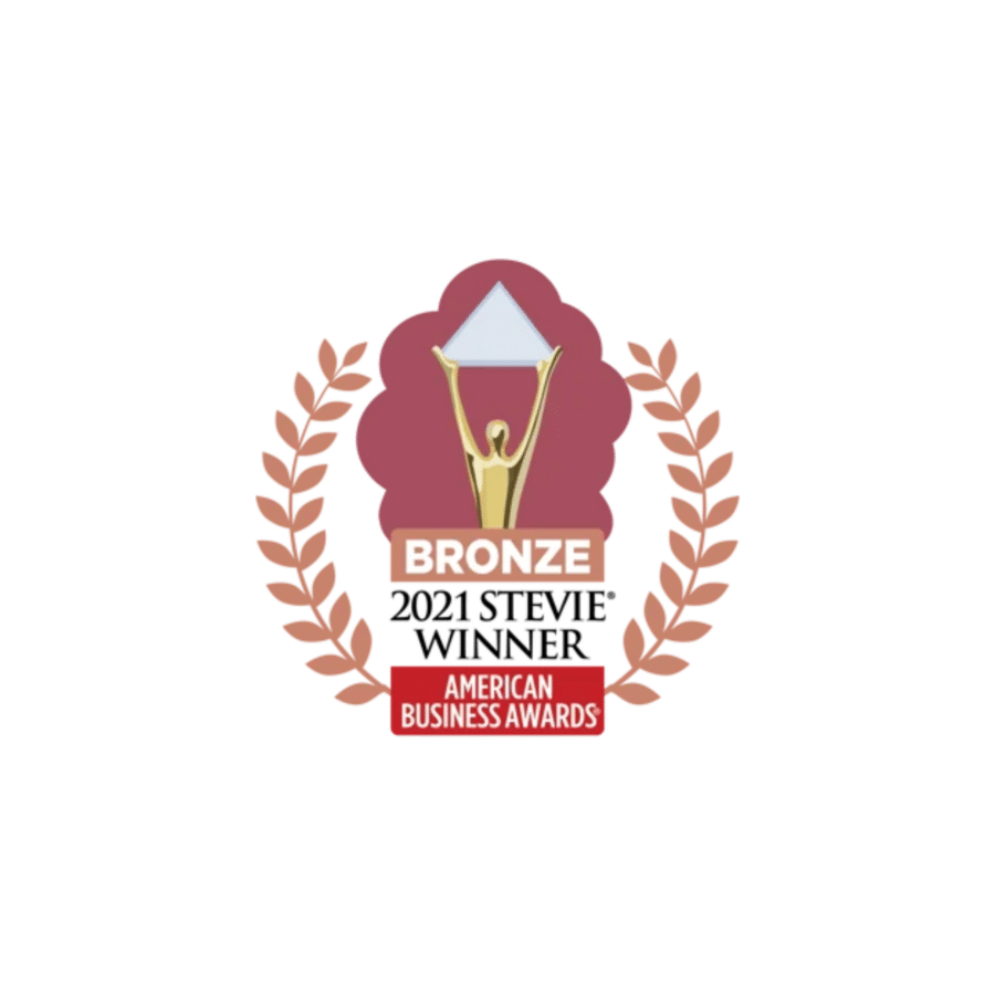 Bronze Winner Trophy for the 2022 American Business Awards, featuring a gold figure holding a triangular shape, enclosed in a laurel wreath—perfect for recognizing excellence in market research.