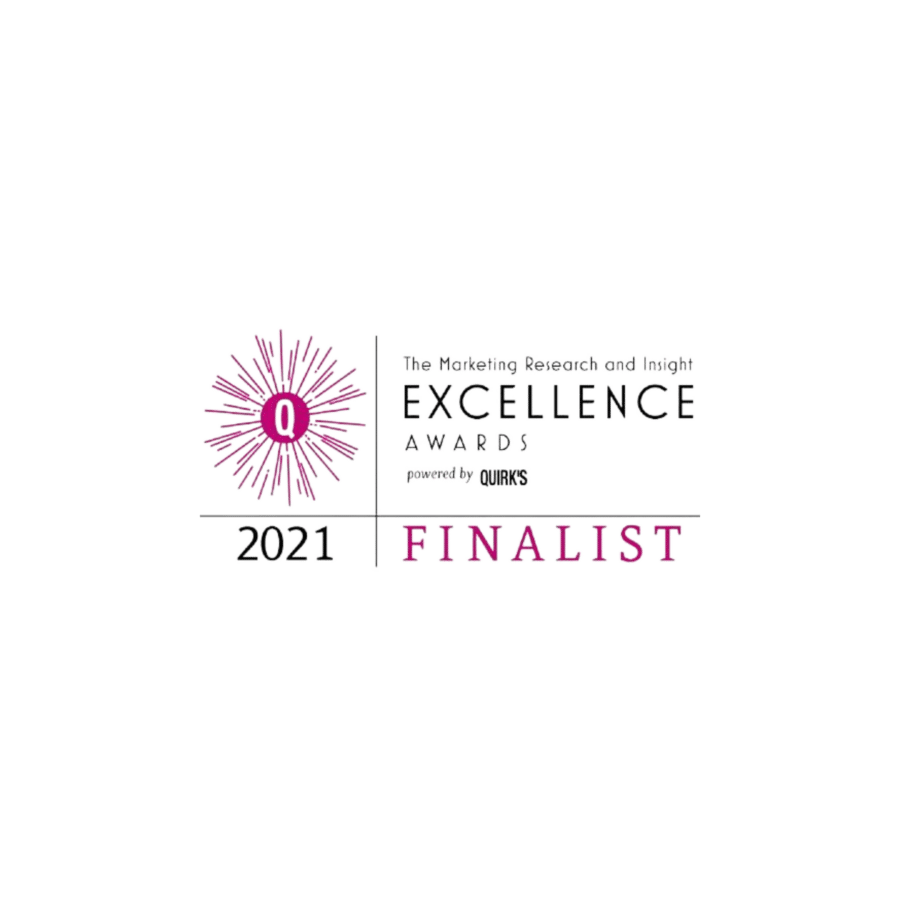 Logo of the 2021 Quirk's Media Marketing Research and Insight Excellence Awards, featuring the text "2021 FINALIST" and a starburst design, highlighting excellence in market research.