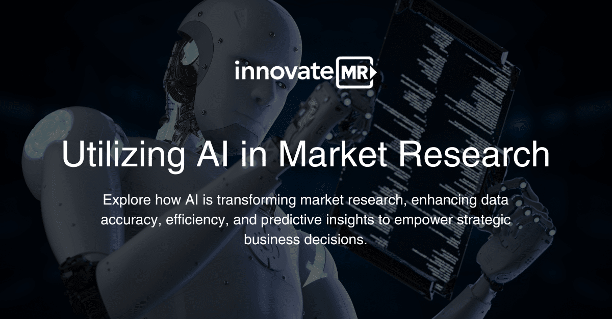 A robot holding a tablet with text, "Utilizing AI in Market Research. Explore how AI is revolutionizing data collection and transforming market research, enhancing accuracy, efficiency, and predictive insights to empower strategic business decisions.