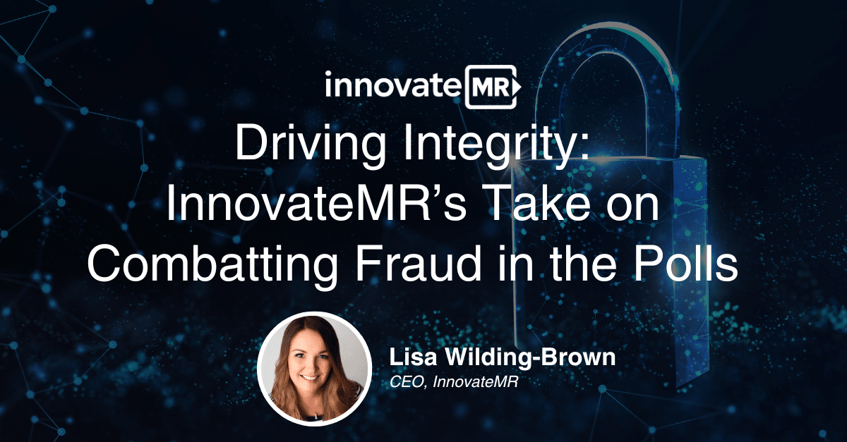 A title slide from InnovateMR for a presentation by CEO Lisa Wilding-Brown on addressing fraud in polls, highlighting the crucial role of survey programmers in market research and data collection.