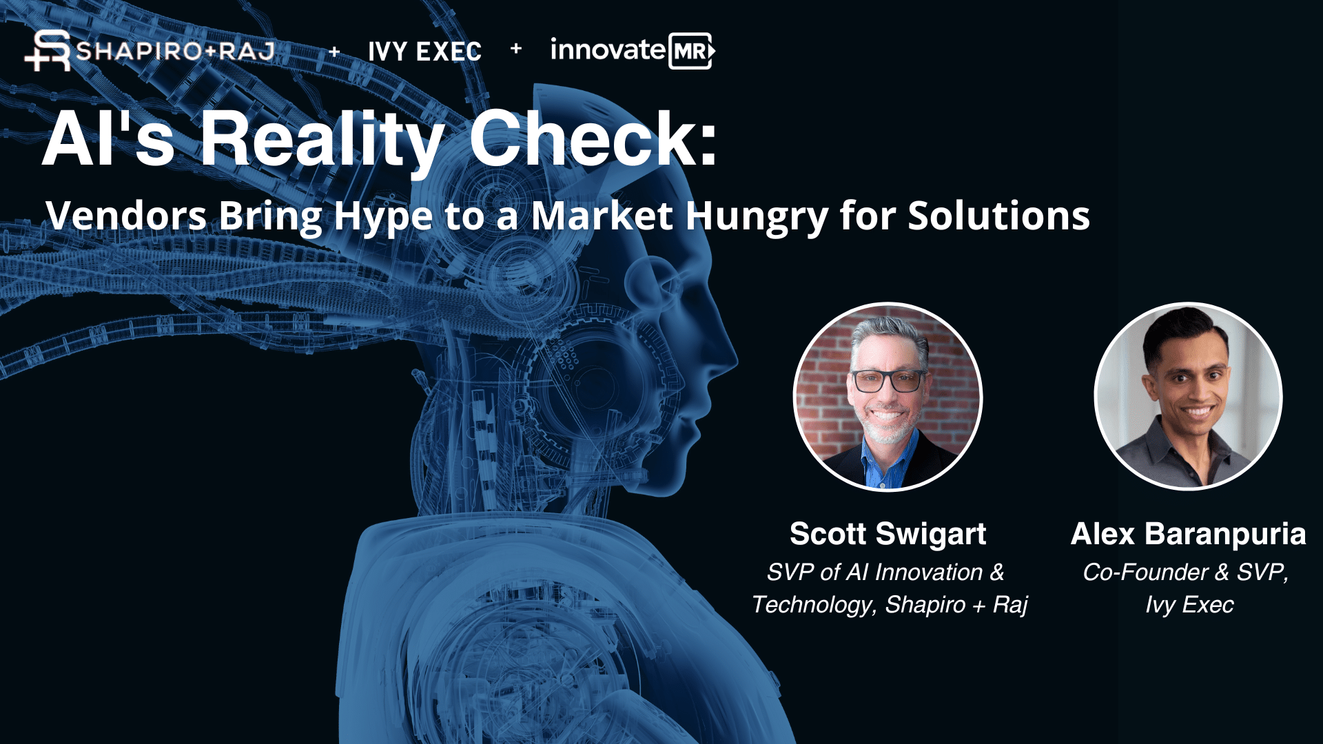 Promotional graphic displaying event details with a digital human figure. The title reads, "AI's Reality Check: Vendors Bring Hype to a Market Hungry for Solutions," featuring speakers Scott Swigart and Alex Baranpuria, discussing the role of survey programmers in data collection and market research advancements.