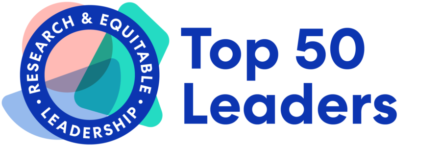 Logo with text: "Research & Equitable Leadership" encircling a stylized graphic on the left, and "Top 50 Leaders in Market Research" in bold blue font on the right.