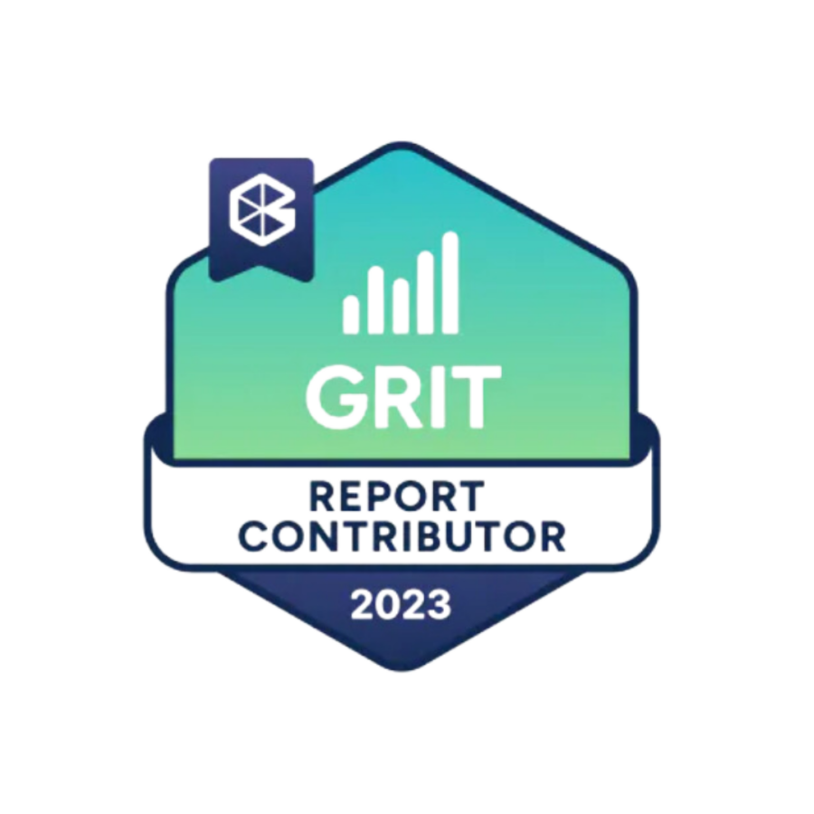 A badge displaying the text "GRIT REPORT CONTRIBUTOR 2023" with a bar graph icon and a geometric logo in the top left corner, symbolizing excellence in market research methodologies like data collection and analysis.